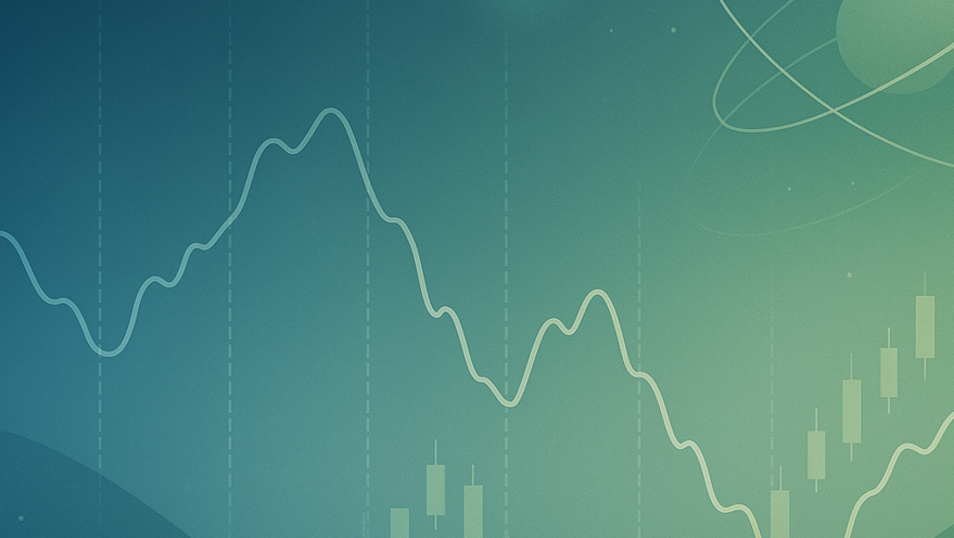 A sharp, professional podcast header background image inspired by physics and financial markets. The